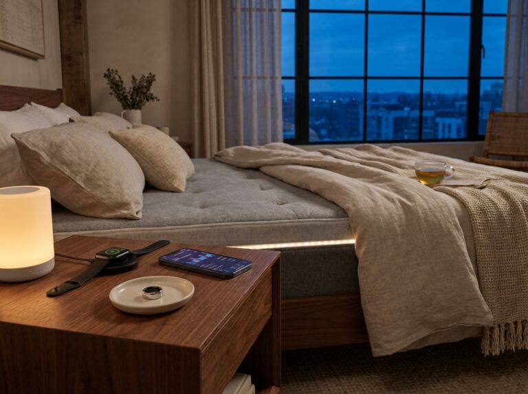 Nightstand with a smartwatch on a charger, a sleep ring on a tray, a smartphone showing a sleep app, a white noise machine, and a corner of a smart mattress in warm evening light.