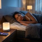 Person sleeping on a smart mattress with a white noise machine on the nightstand and a smartphone showing white pink and brown noise spectrum visualizations