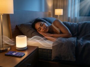 Person sleeping on a smart mattress with a white noise machine on the nightstand and a smartphone showing white pink and brown noise spectrum visualizations