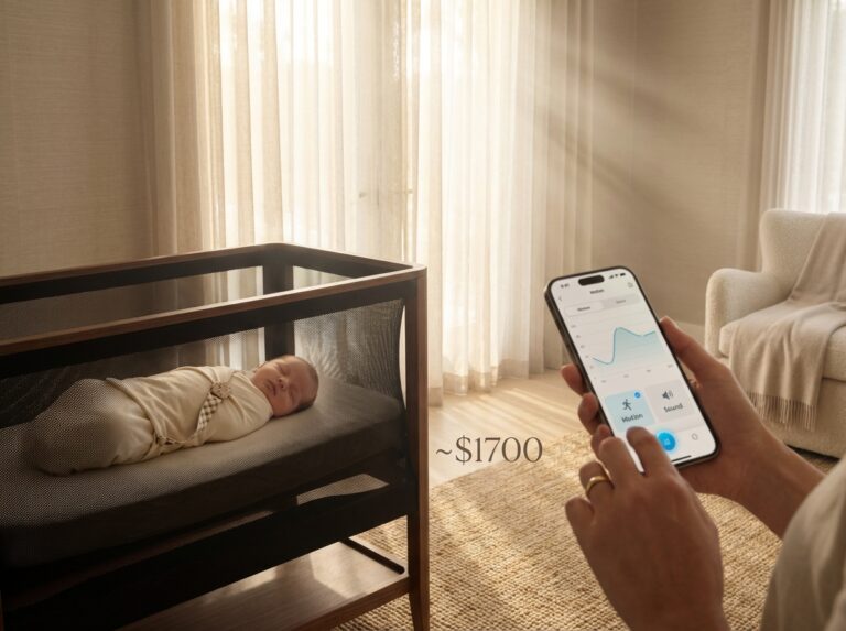 SNOO Smart Sleeper bassinet in a modern nursery with a swaddled sleeping newborn and a smartphone showing the SNOO app