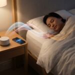 Sleeping person in a calm bedroom with a white-noise machine and smartphone displaying three colored waveforms representing white, pink, and brown noise