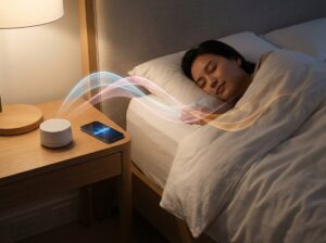 Sleeping person in a calm bedroom with a white-noise machine and smartphone displaying three colored waveforms representing white, pink, and brown noise