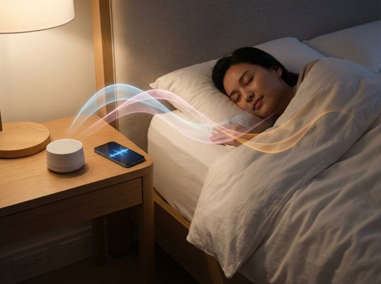 Sleeping person in a calm bedroom with a white-noise machine and smartphone displaying three colored waveforms representing white, pink, and brown noise