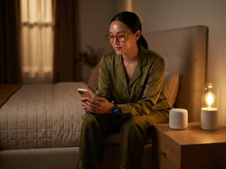 Person wearing amber blue light glasses in a dim bedroom holding a phone with a smart mattress and smartwatch visible on the bedside, warm lighting and a white noise machine on the nightstand