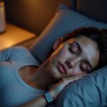 Person sleeping on a smart mattress with a sleep tracker ring and phone on the nightstand displaying an HRV graph alongside a white noise machine