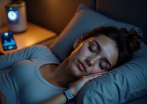 Person sleeping on a smart mattress with a sleep tracker ring and phone on the nightstand displaying an HRV graph alongside a white noise machine