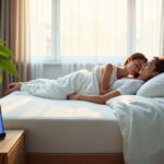 Eight Sleep Pod 4 mattress cover on a modern bed with a smartphone showing the app temperature controls and a compact hub on the nightstand