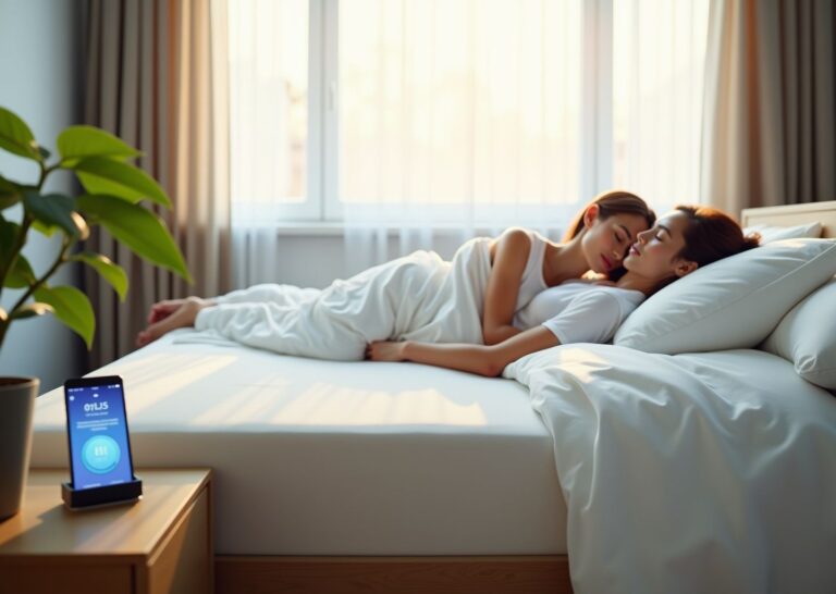 Eight Sleep Pod 4 mattress cover on a modern bed with a smartphone showing the app temperature controls and a compact hub on the nightstand