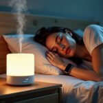 Modern bedside humidifier quietly emitting mist in a softly lit bedroom with a sleeping person wearing a sleep tracker and a tidy nightstand