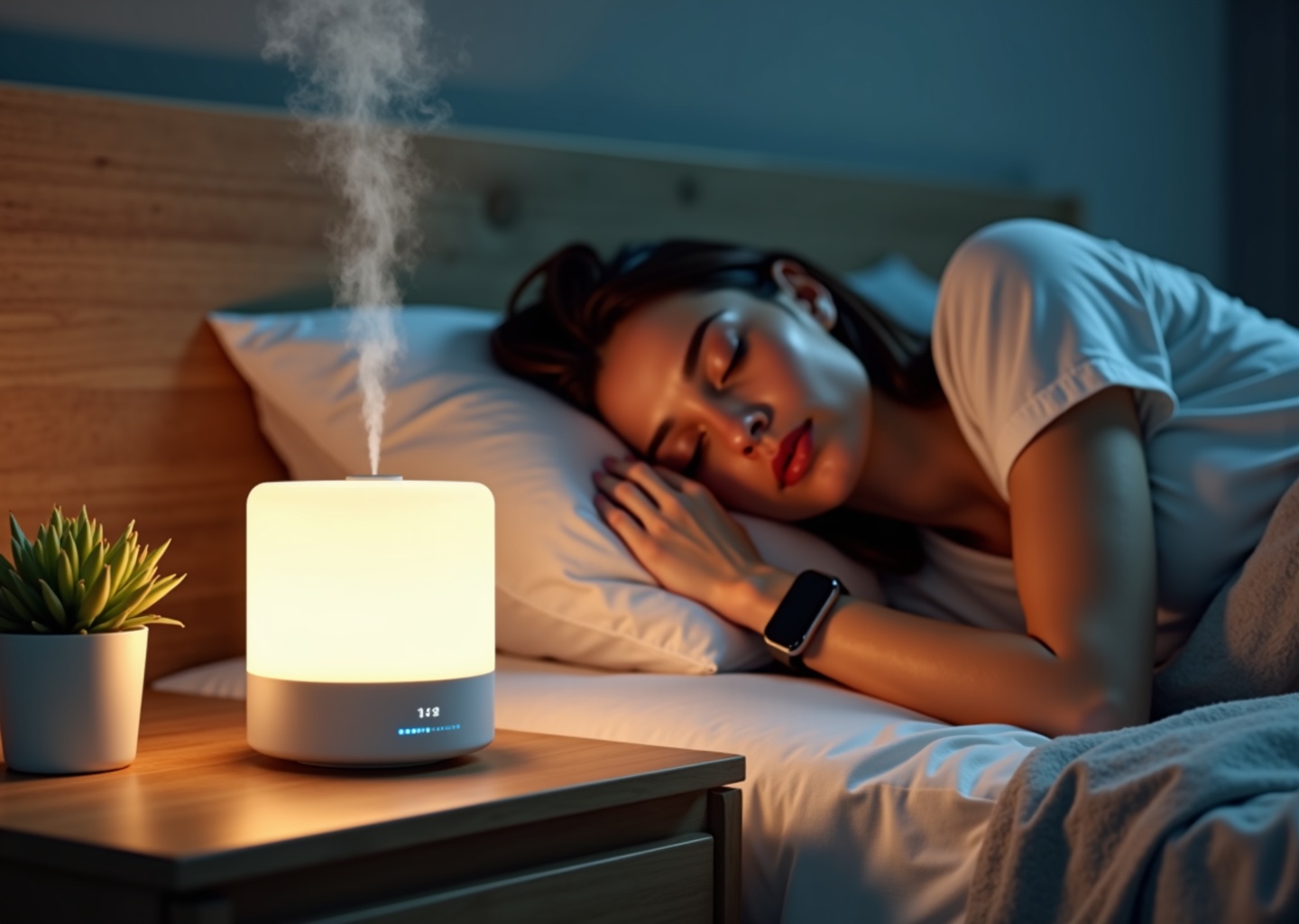 Modern bedside humidifier quietly emitting mist in a softly lit bedroom with a sleeping person wearing a sleep tracker and a tidy nightstand