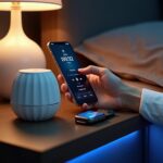 Bedside table with a smartphone displaying Calm and Headspace apps, a smartwatch showing sleep data, and a white noise machine next to a smart mattress in a dim cozy bedroom.