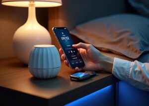 Bedside table with a smartphone displaying Calm and Headspace apps, a smartwatch showing sleep data, and a white noise machine next to a smart mattress in a dim cozy bedroom.