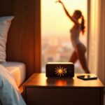 Warm bedroom sunrise scene with a glowing sunrise alarm clock on a nightstand, person stretching in soft focus and morning light filtering through a window