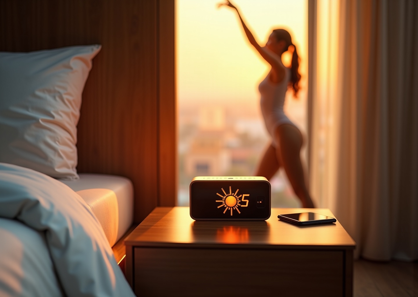 Warm bedroom sunrise scene with a glowing sunrise alarm clock on a nightstand, person stretching in soft focus and morning light filtering through a window