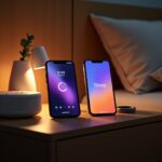 Bedside scene with two phones showing Calm and Headspace sleep screens, a white noise machine and a wearable sleep tracker on the nightstand