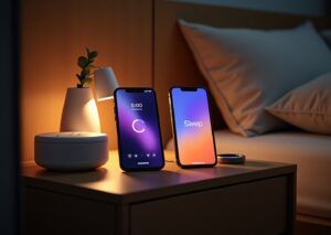 Bedside scene with two phones showing Calm and Headspace sleep screens, a white noise machine and a wearable sleep tracker on the nightstand