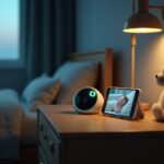 Nursery with a tabletop non‑WiFi baby monitor and a smartphone showing a WiFi camera feed of a sleeping baby, soft night light