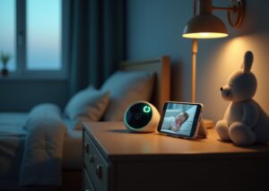 Nursery with a tabletop non‑WiFi baby monitor and a smartphone showing a WiFi camera feed of a sleeping baby, soft night light