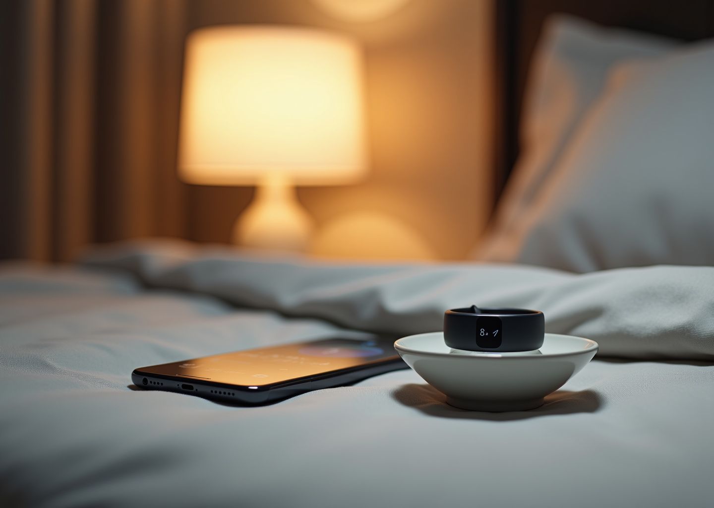 Oura Ring Gen 4 on a dish next to a Whoop 5.0 strap and a smartphone showing sleep app dashboards on a bedside table
